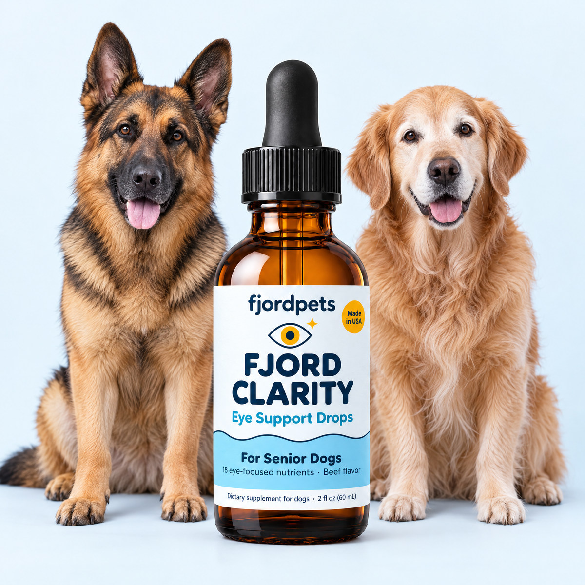 Bottle between a German Shepherd and a senior Golden, glacier background.