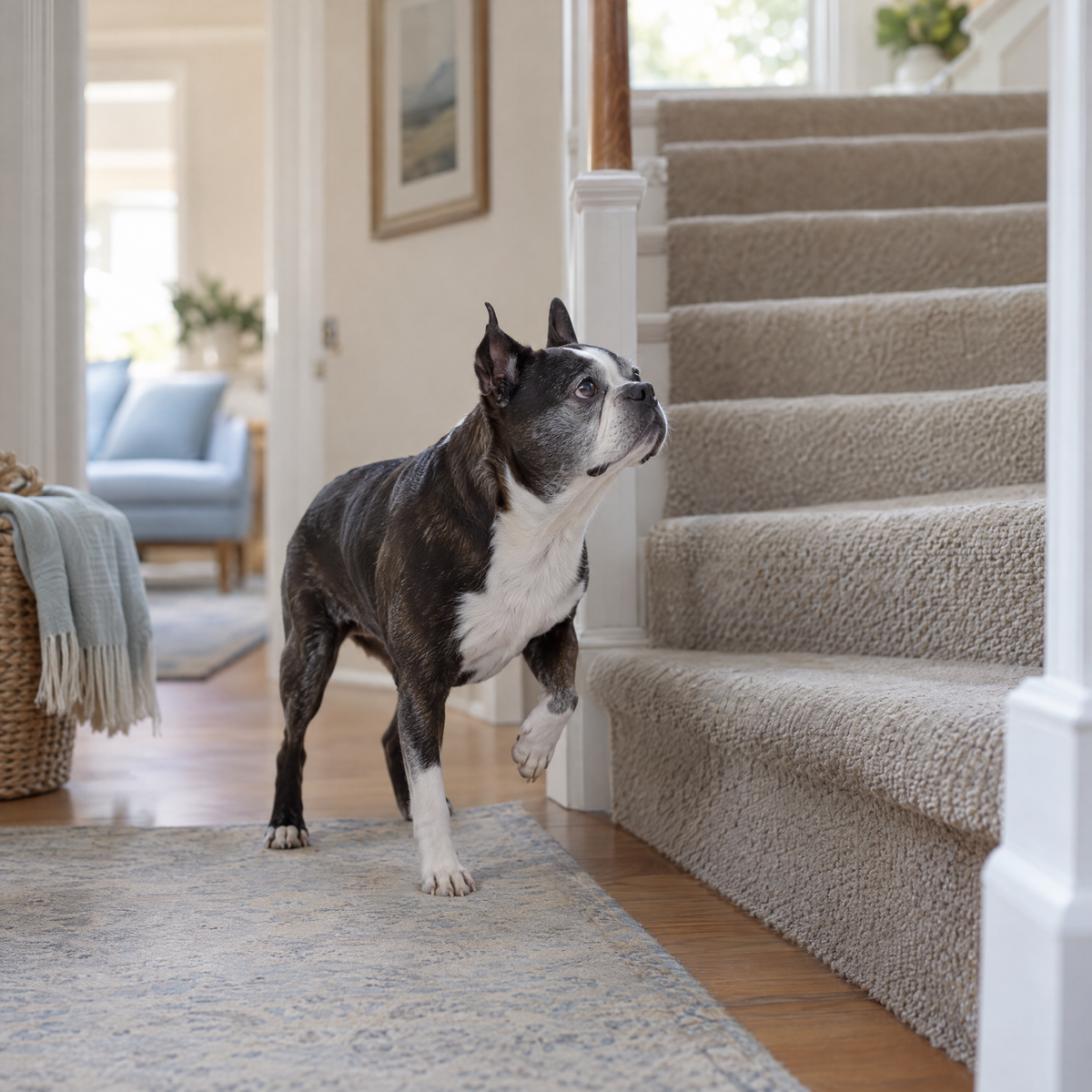 Senior dog hesitating at the bottom of the stairs.