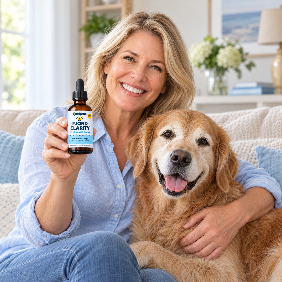 Woman in her 50s on the sofa with her senior Golden, holding the bottle.