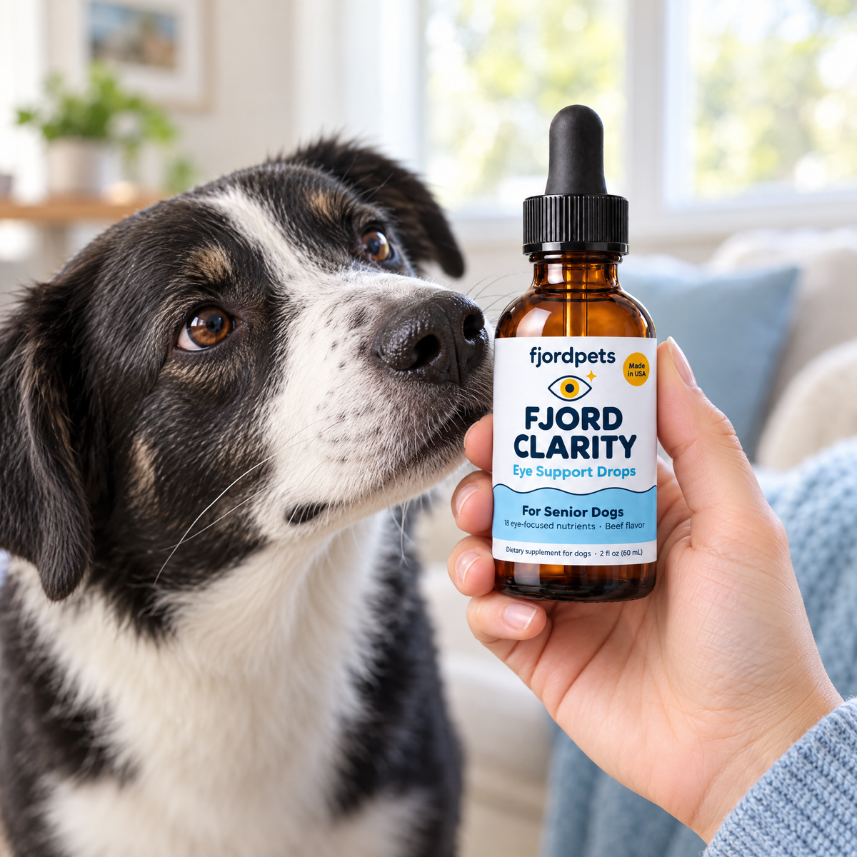 Hand holding the bottle next to a black-and-white dog.