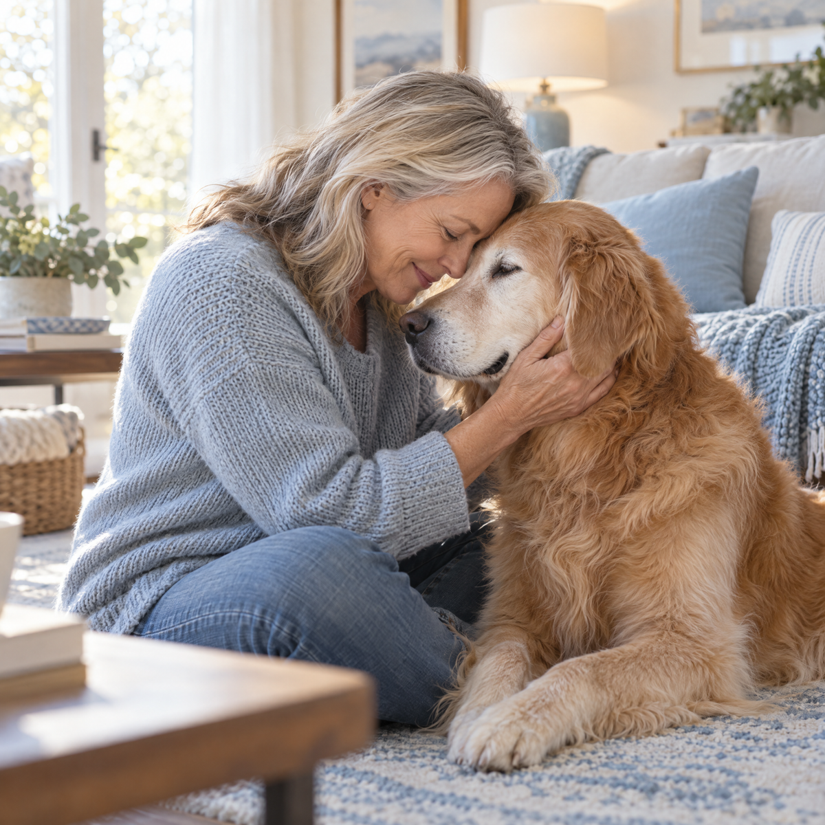 Woman in her late 50s on the couch with her senior dog, a calm, close moment.