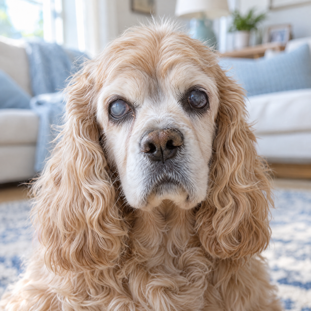 Senior Cocker Spaniel close-up, looking at camera, visible cloudy haze in the eyes.