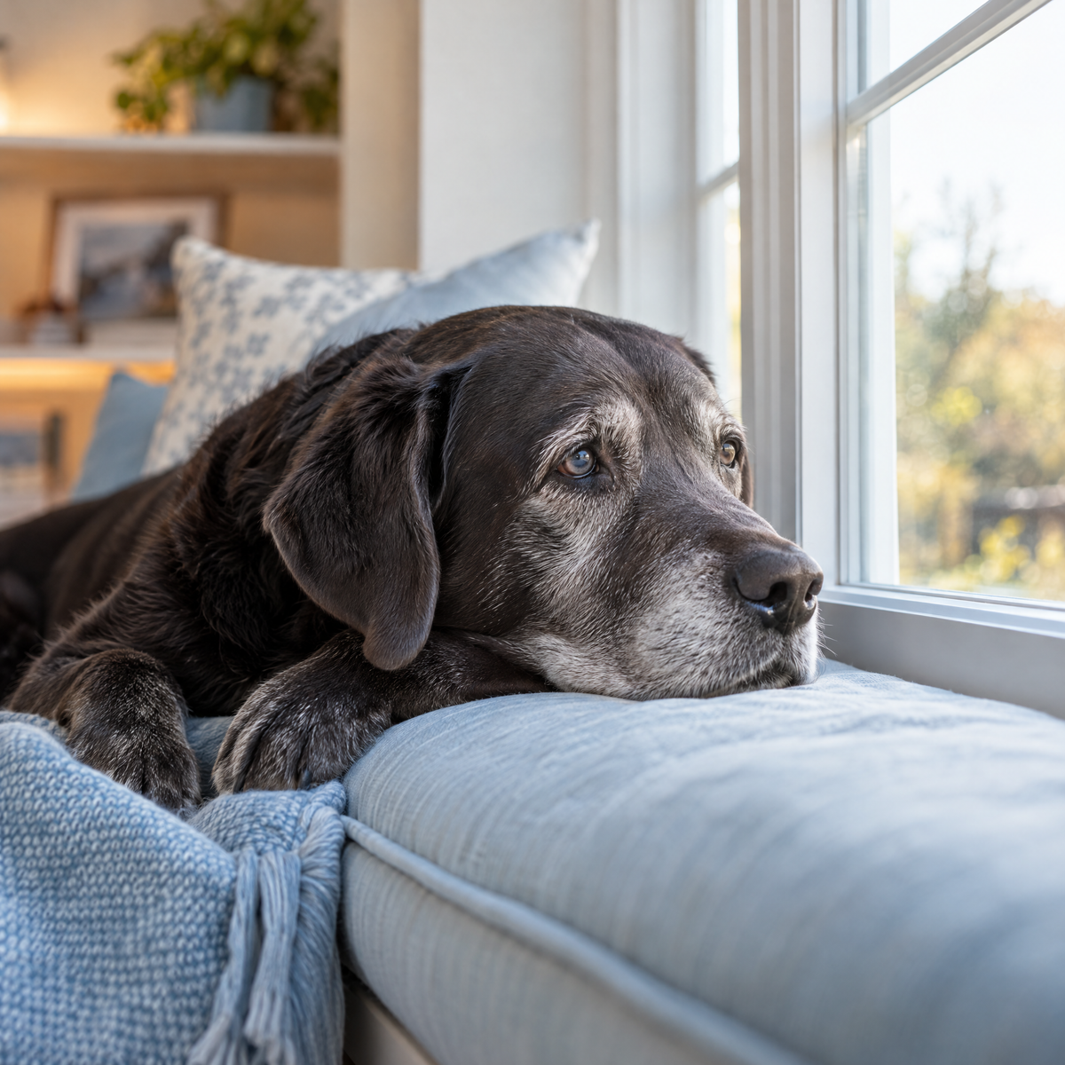 Senior dog resting by a window in soft daylight, eyes in focus.
