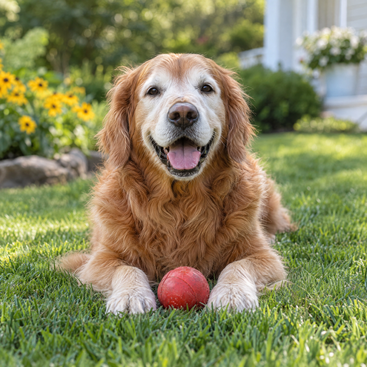Happy senior Golden lying on the grass with a red ball.