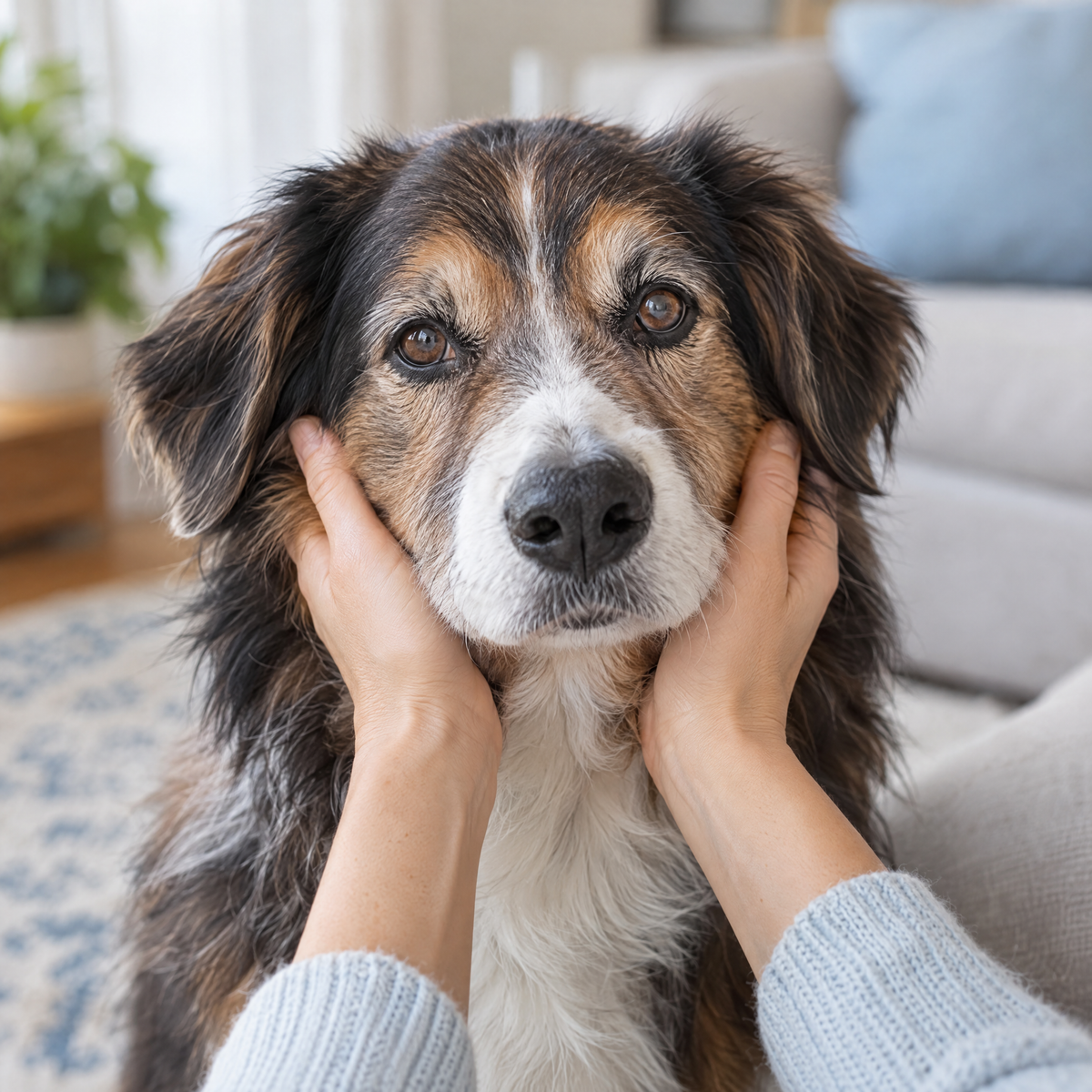 Tricolor mixed-breed dog, face cupped in the owner's hands.
