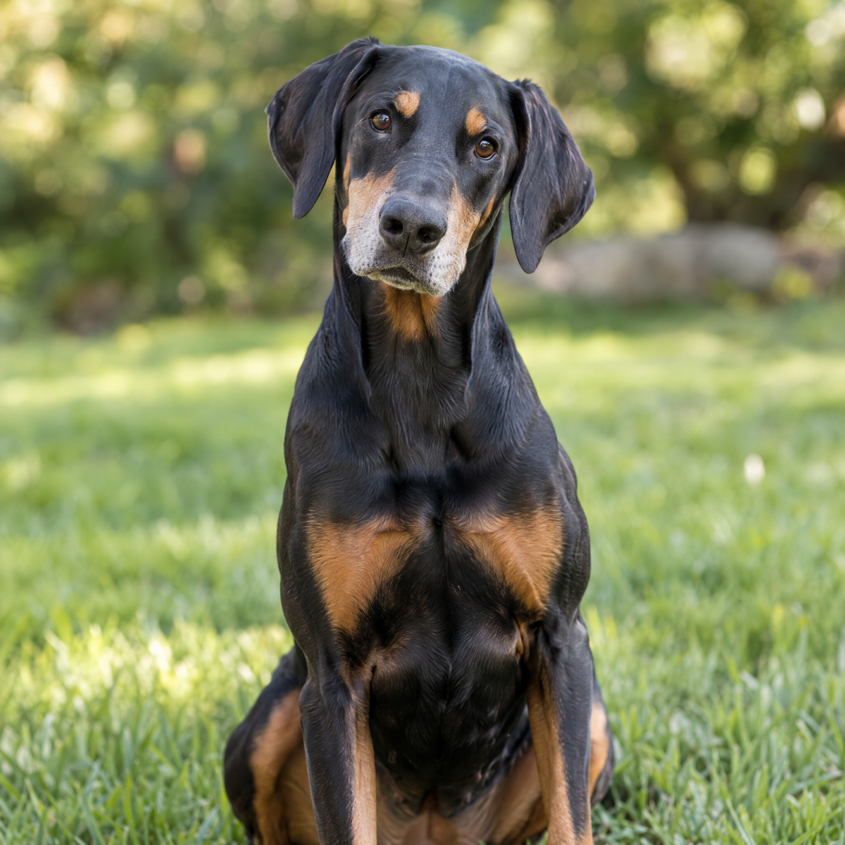 Doberman portrait outdoors, clear bright eyes.