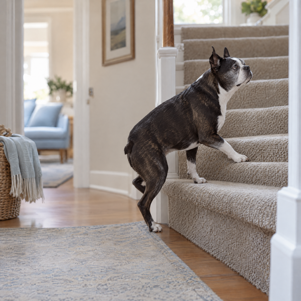 Same dog walking up the stairs.
