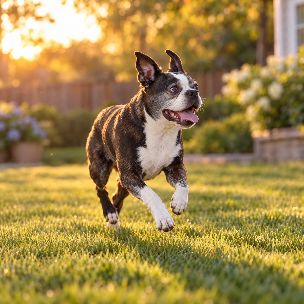 Same dog running in the yard at golden hour.