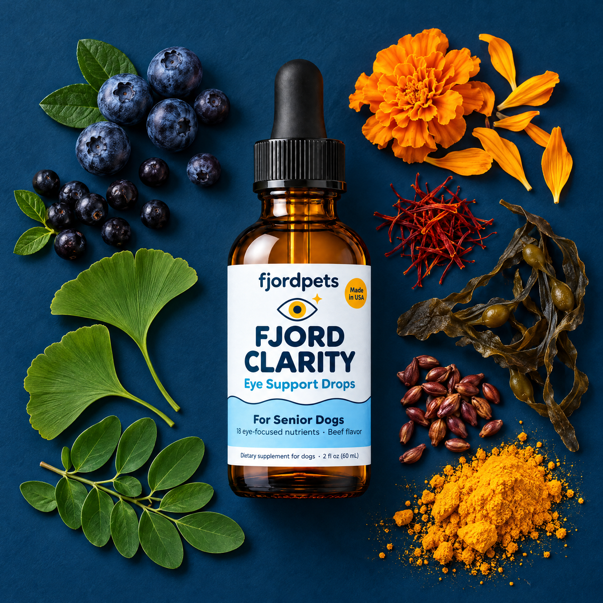 Flat lay of blueberries, bilberries, saffron, marigold petals, seaweed, turmeric and ginkgo leaves around the bottle.